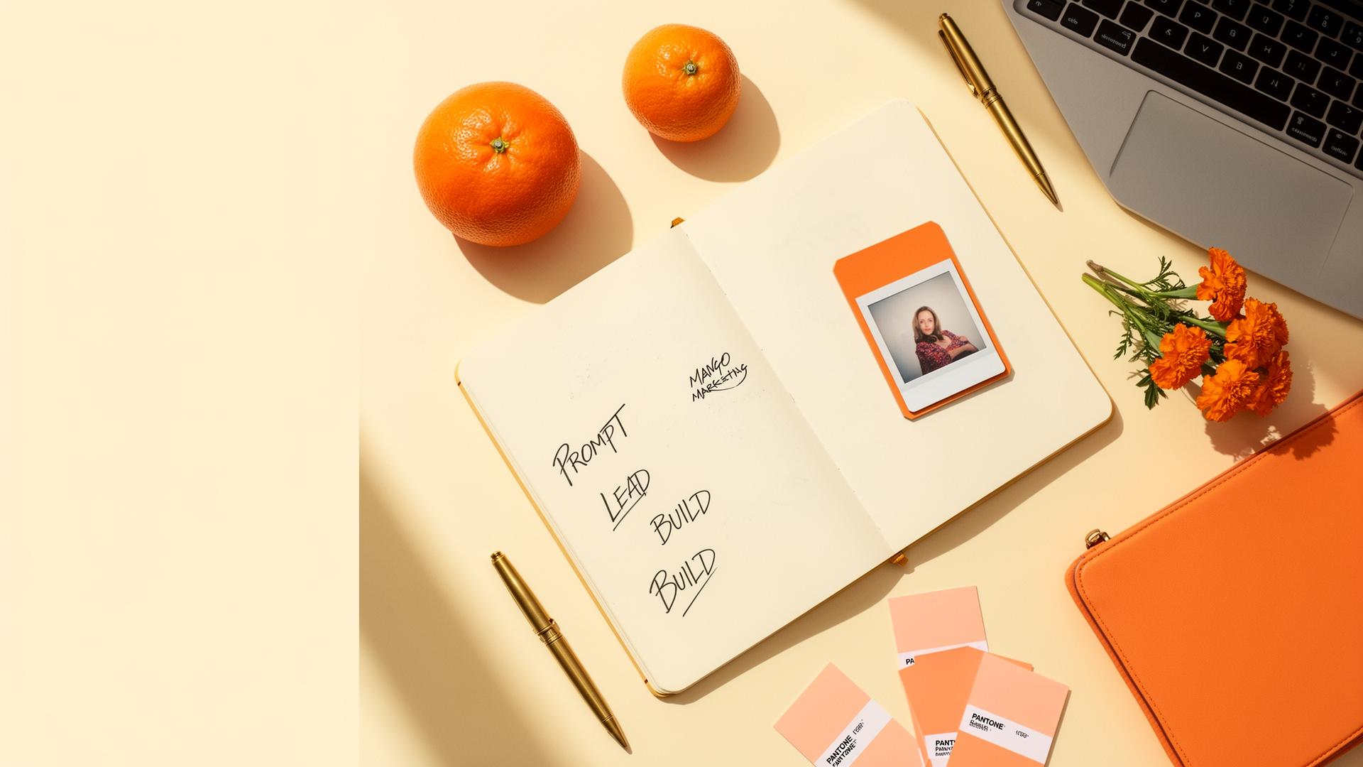 Editorial flat-lay with notebook, oranges, and tangerine accents